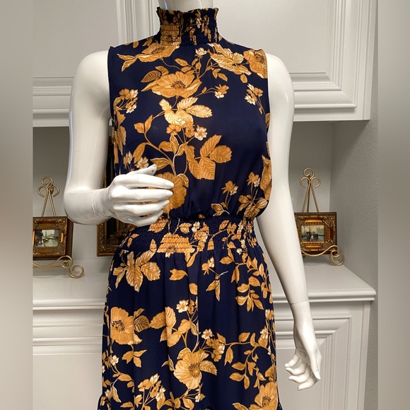 Nanette Lepore Gold and Blue Mock Neck Midi Dress - Picture 1 of 14